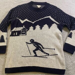 Womens J Crew Intarsia Ski Scene Sweater Merino Wool Blend Navy Blue Sz S